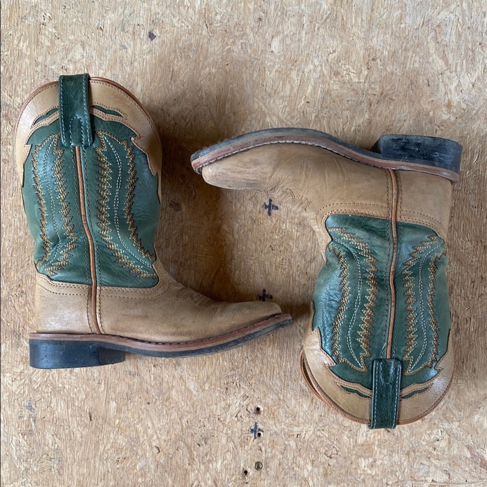 Kids Tan and Green Western Cowboy Boots